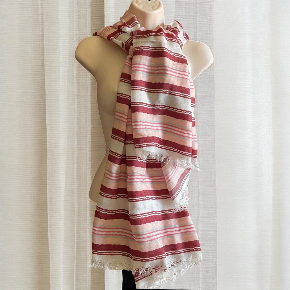 Alliance Striped Lightweight rectangular Scarf Wrap Red Pink White Fringe